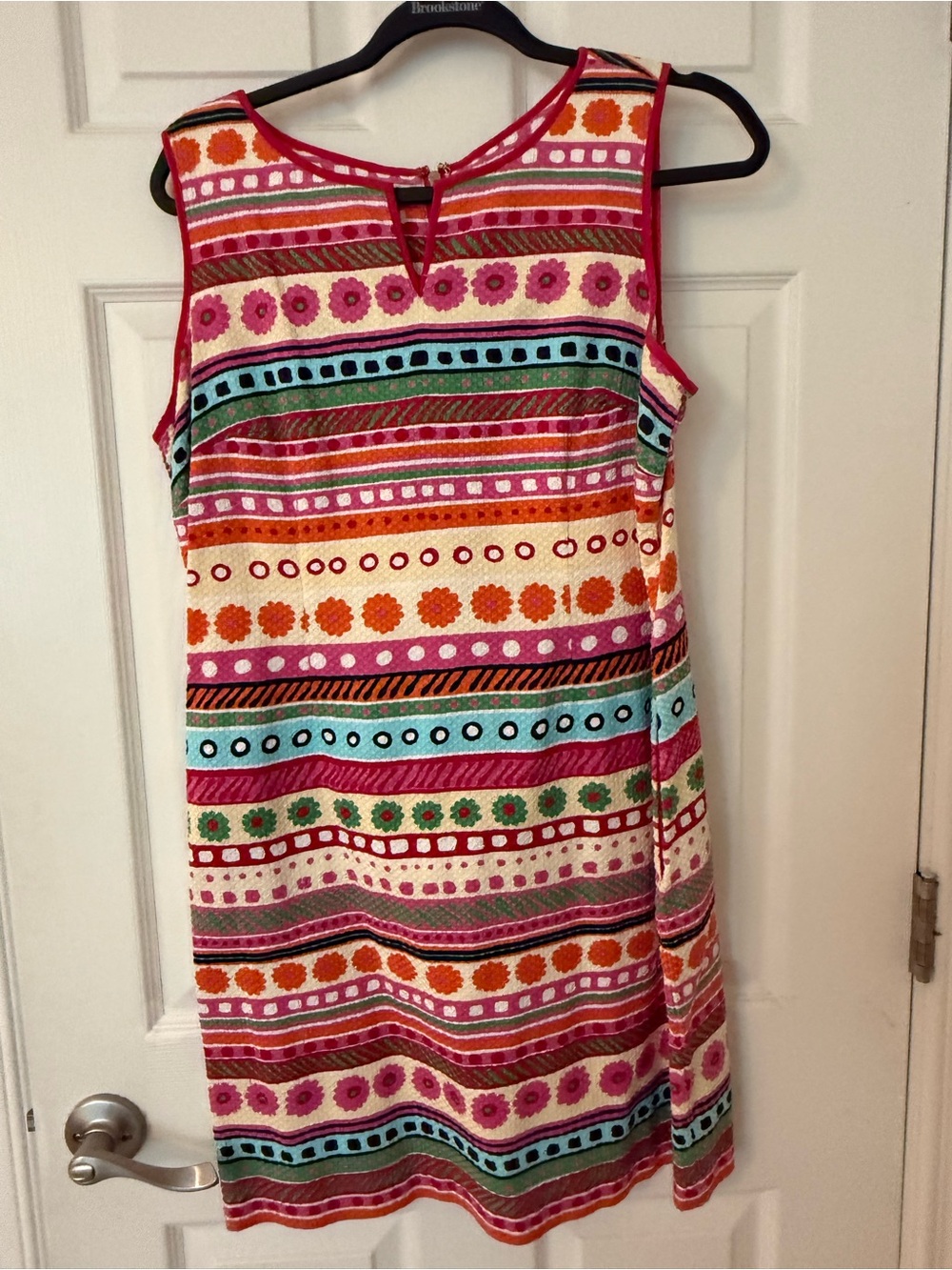 Talbots Sleeveless Stripe & Dot Shift Dress in Pink, Orange, Teal, Green & Cream